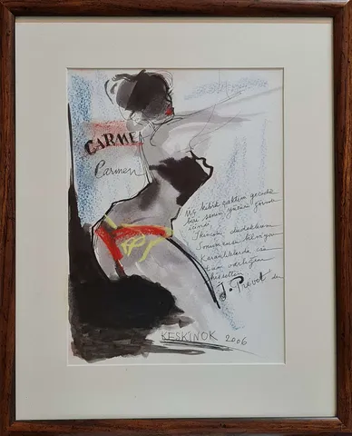 "Dans - Carmen" eseri KAYIHAN KESKİNOK tarafından 2006 yılında 31x23 cm ölçülerinde Kağıt üzeri karışık teknik tekniği ile yapılmıştır.