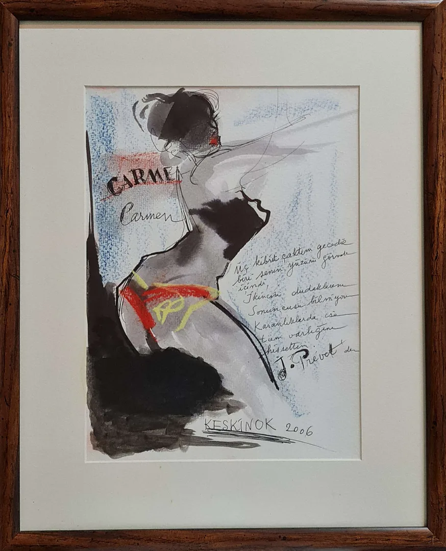 "Dans - Carmen" eseri KAYIHAN KESKİNOK tarafından 2006 yılında 31x23 cm ölçülerinde Kağıt üzeri karışık teknik tekniği ile yapılmıştır.