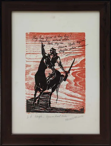 "Köroğlu" eseri KAYIHAN KESKİNOK tarafından 2010 yılında 30x29 cm ölçülerinde Ağaç Baskı + Linol Baskı tekniği ile yapılmıştır.