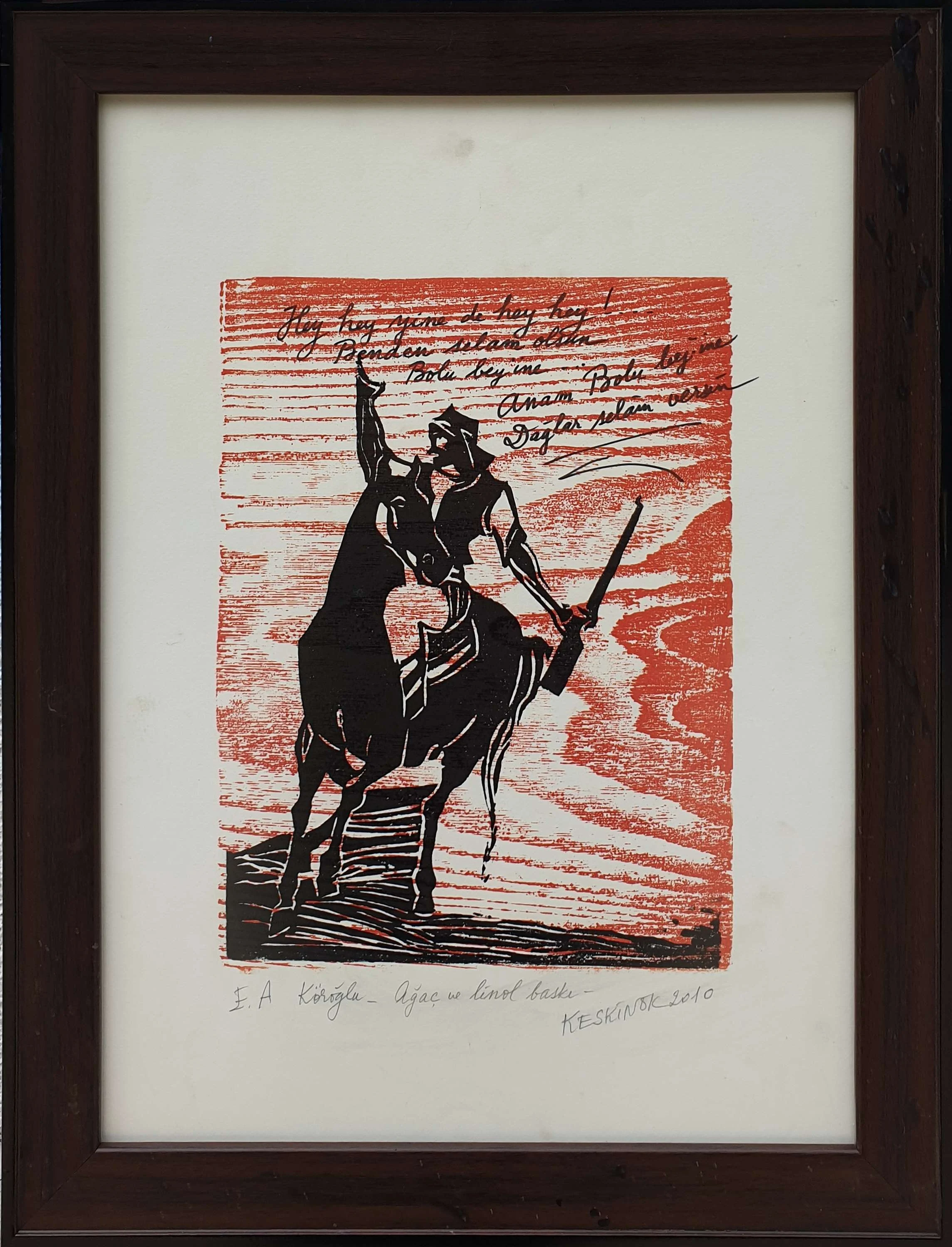 "Köroğlu" eseri KAYIHAN KESKİNOK tarafından 2010 yılında 30x29 cm ölçülerinde Ağaç Baskı + Linol Baskı tekniği ile yapılmıştır.