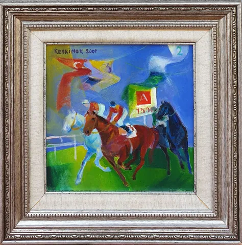 "Jokeyler" eseri KAYIHAN KESKİNOK tarafından 2001 yılında 25x25 cm ölçülerinde Tuval üzeri yağlı boya tekniği ile yapılmıştır.