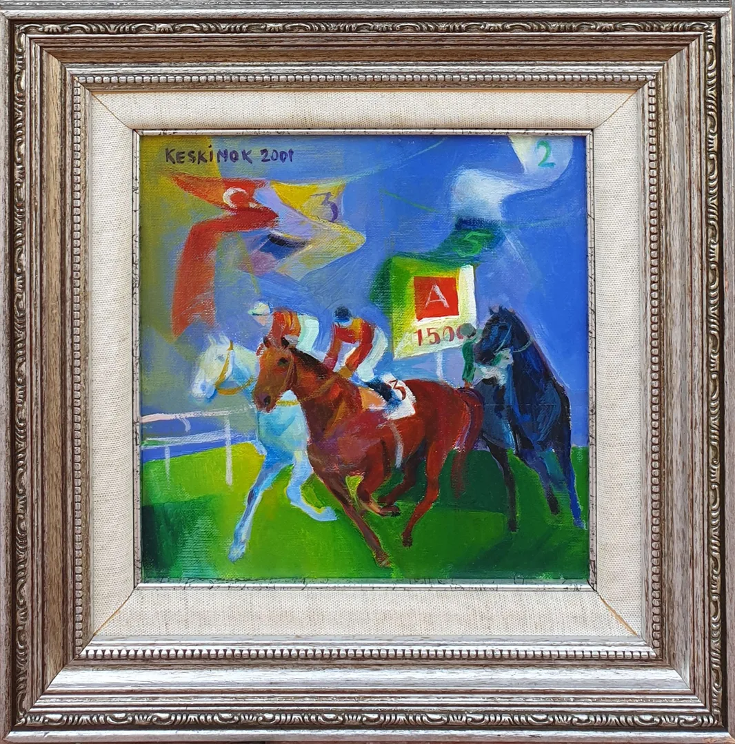 yakınlaştır "Jokeyler" eseri KAYIHAN KESKİNOK tarafından 2001 yılında 25x25 cm ölçülerinde Tuval üzeri yağlı boya tekniği ile yapılmıştır.