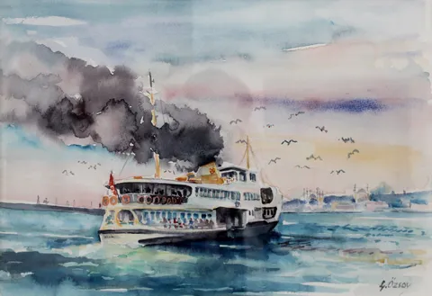 "Vapurlu" eseri LÜTFÜ ÖZSOY tarafından 2006 yılında 33x48 cm ölçülerinde Kağıt üzeri sulu boya tekniği ile yapılmıştır.