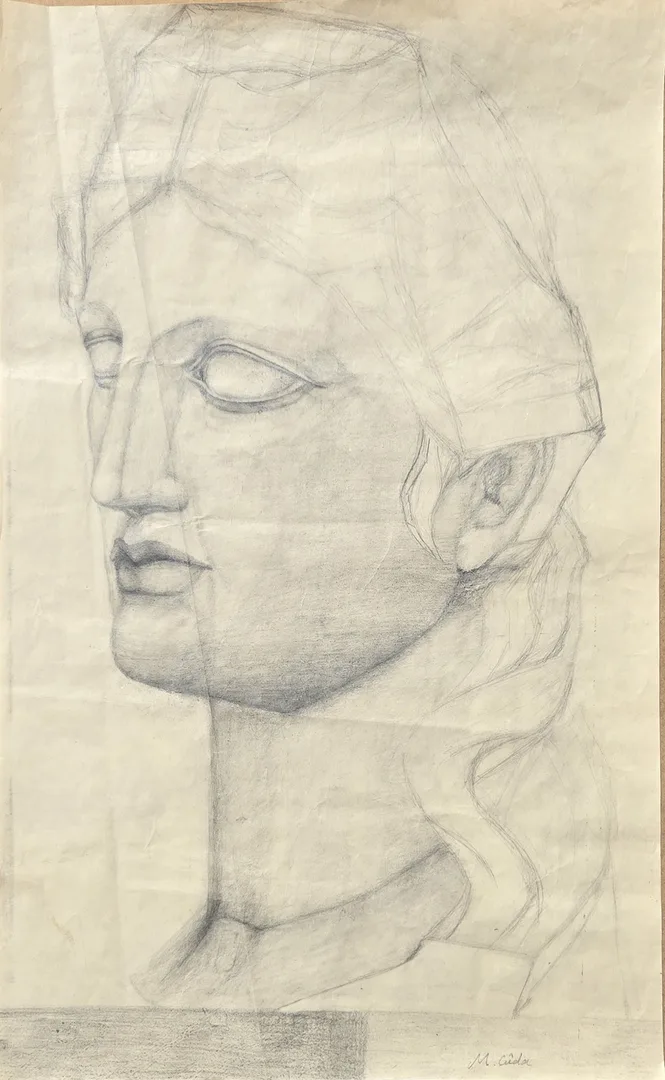"Büst Deseni" eseri MAHMUT CUDA tarafından 70x44 cm ölçülerinde Kağıt üzeri desen tekniği ile yapılmıştır.