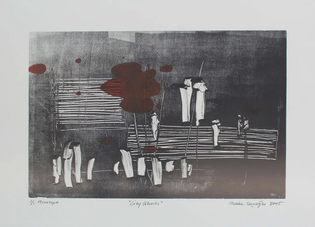 "City Ghosts" eseri MELİKE TAŞÇIOĞLU tarafından 2005 yılında 37x57 cm ölçülerinde Monotype tekniği ile yapılmıştır.