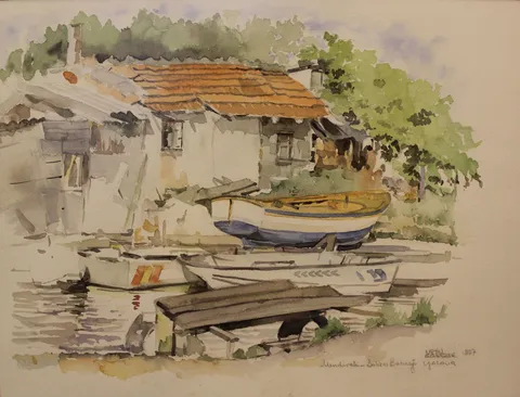"Yalova Balıkçı Barınağı" eseri METİN SÖNMEZLER tarafından 1997 yılında 32x42 cm ölçülerinde Kağıt üzeri sulu boya tekniği ile yapılmıştır.