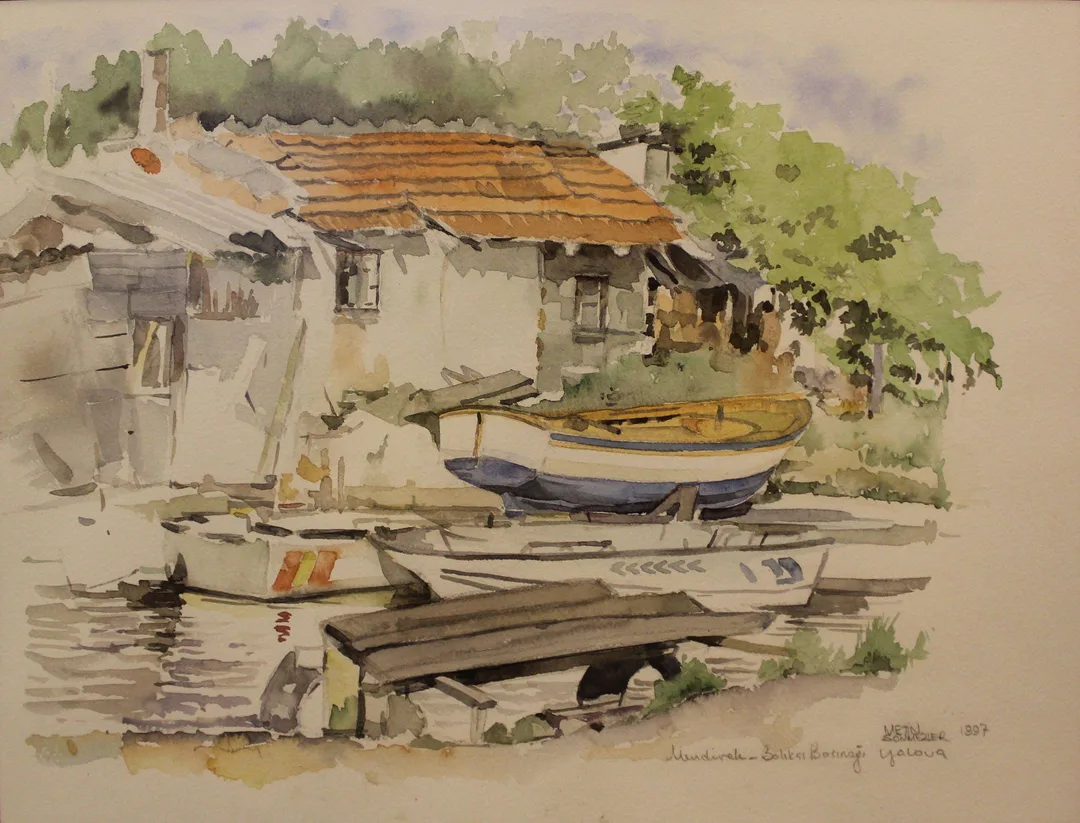 "Yalova Balıkçı Barınağı" eseri METİN SÖNMEZLER tarafından 1997 yılında 32x42 cm ölçülerinde Kağıt üzeri sulu boya tekniği ile yapılmıştır.