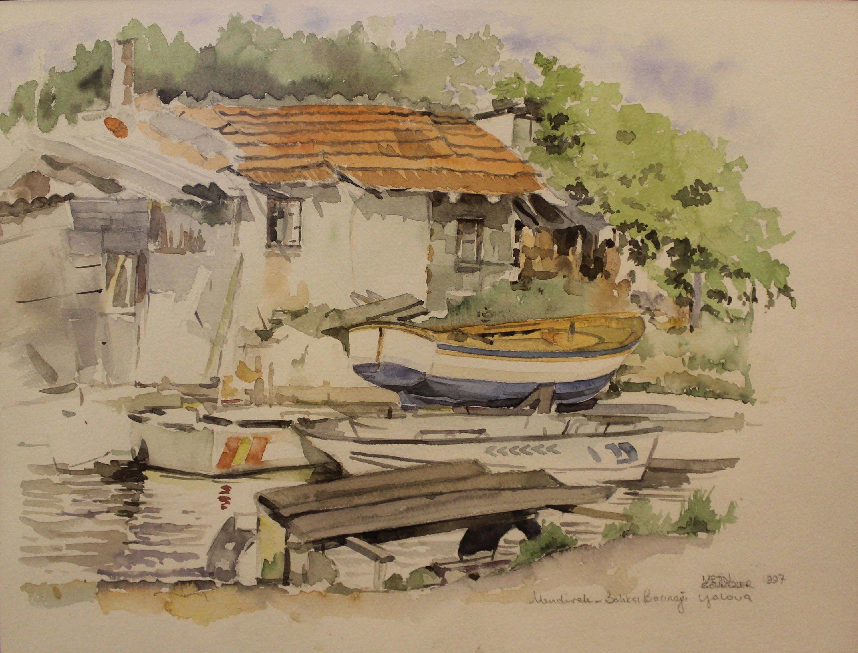 "Yalova Balıkçı Barınağı" eseri METİN SÖNMEZLER tarafından 1997 yılında 32x42 cm ölçülerinde Kağıt üzeri sulu boya tekniği ile yapılmıştır.