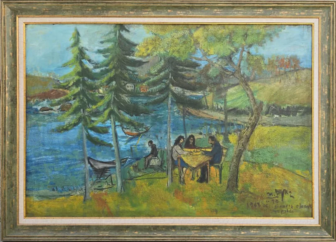 "Peyzaj" eseri MUSTAFA AYAZ tarafından 1968 yılında 60x90 cm ölçülerinde Duralit üzeri yağlı boya tekniği ile yapılmıştır.