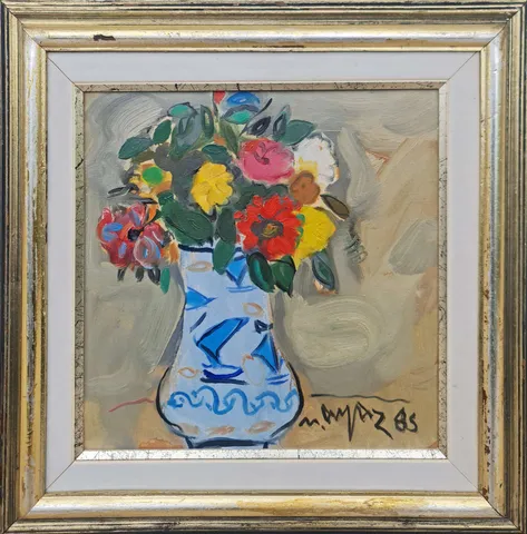 "Natürmort" eseri MUSTAFA AYAZ tarafından 1985 yılında 30x30 cm ölçülerinde Tuval üzeri yağlı boya tekniği ile yapılmıştır.