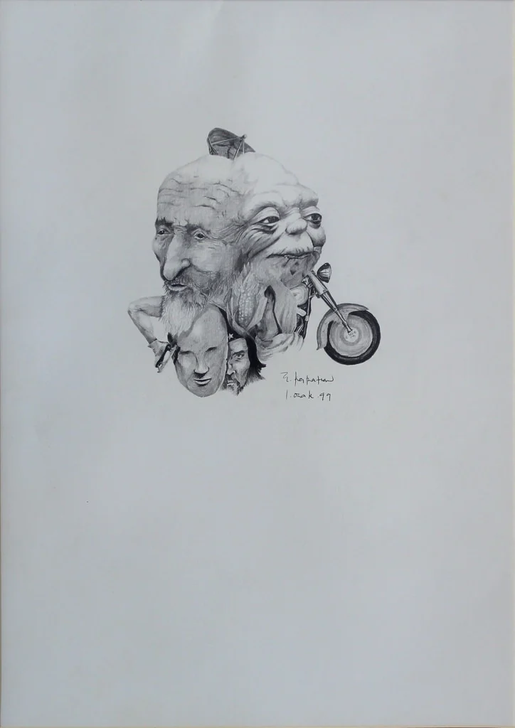 yakınlaştır "İsimsiz" eseri MUSTAFA KARAHAN tarafından 34x24 cm ölçülerinde Kağıt üzeri kara kalem tekniği ile yapılmıştır.