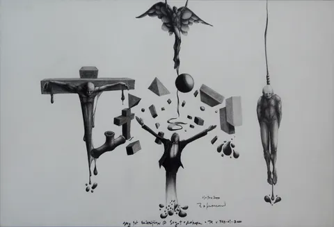 MUSTAFA KARAHAN — “İsimsiz” "İsimsiz" eseri MUSTAFA KARAHAN tarafından 19x28 cm ölçülerinde Kağıt üzeri kara kalem tekniği ile yapılmıştır.