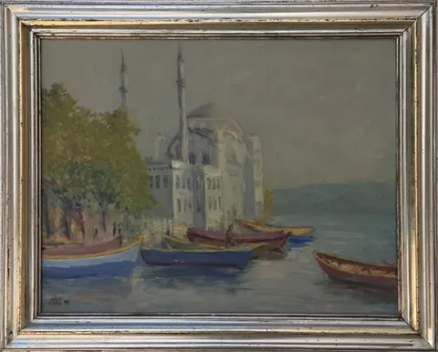 NEŞET DÜNDAR — “İstanbul, Boğazdan Peyzaj”, 1991 "İstanbul, Boğazdan Peyzaj" eseri NEŞET DÜNDAR tarafından 1991 yılında 45x55 cm ölçülerinde Tuval üzeri yağlı boya tekniği ile yapılmıştır.