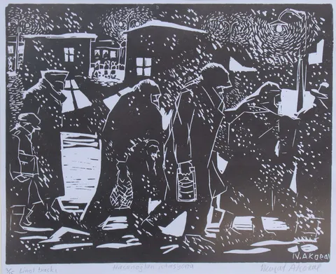 "Hasanoğlan İstasyonu" eseri NEVZAT AKORAL tarafından 25x30 cm ölçülerinde Linol Baskı tekniği ile yapılmıştır.