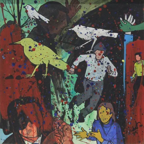 NİHAT KAHRAMAN — “İsimsiz”, 1995 "İsimsiz" eseri NİHAT KAHRAMAN tarafından 1995 yılında 35x35 cm ölçülerinde Duralit üzeri yağlı boya tekniği ile yapılmıştır.