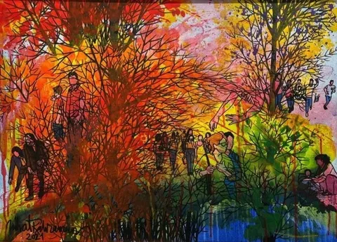 NİHAT KAHRAMAN — “Parkda Olay”, 2021 "Parkda Olay" eseri NİHAT KAHRAMAN tarafından 2021 yılında 50x70 cm ölçülerinde Tuval üzeri akrilik boya tekniği ile yapılmıştır.