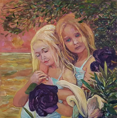 NİL KÖKEN — “Kız Kardeş”, 2018 "Kız Kardeş" eseri NİL KÖKEN tarafından 2018 yılında 45x45 cm ölçülerinde Tuval üzeri yağlı boya tekniği ile yapılmıştır.