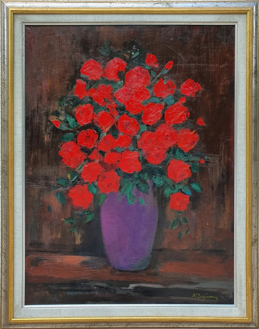 "Natürmort" eseri NURETTİN ERGÜVEN tarafından 80x60 cm ölçülerinde Tuval üzeri yağlı boya tekniği ile yapılmıştır.