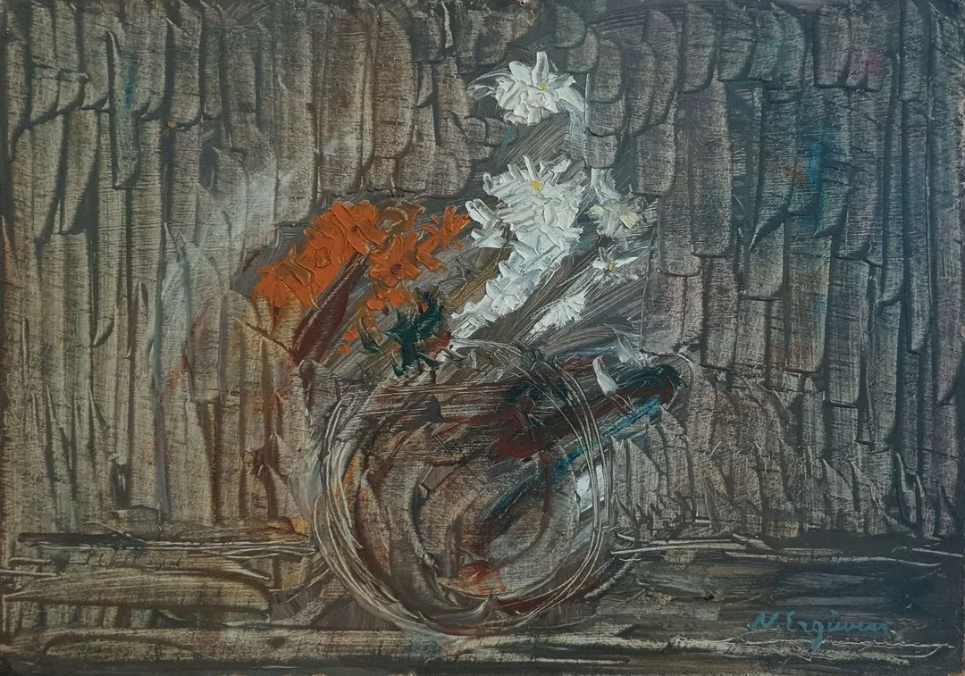 yakınlaştır "İsimsiz" eseri NURETTİN ERGÜVEN tarafından 38x55 cm ölçülerinde Duralit üzeri yağlı boya tekniği ile yapılmıştır.