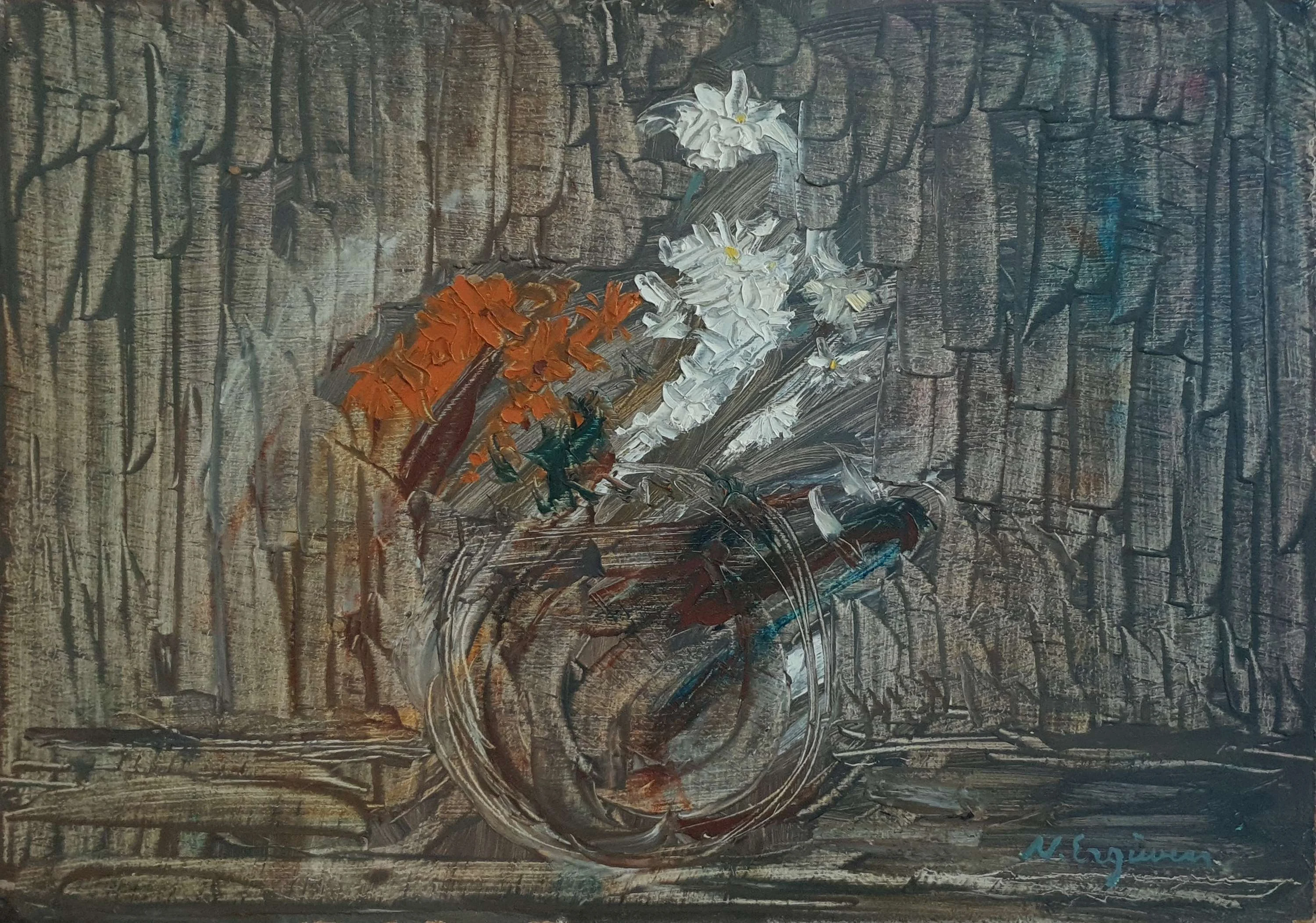 "İsimsiz" eseri NURETTİN ERGÜVEN tarafından 38x55 cm ölçülerinde Duralit üzeri yağlı boya tekniği ile yapılmıştır.