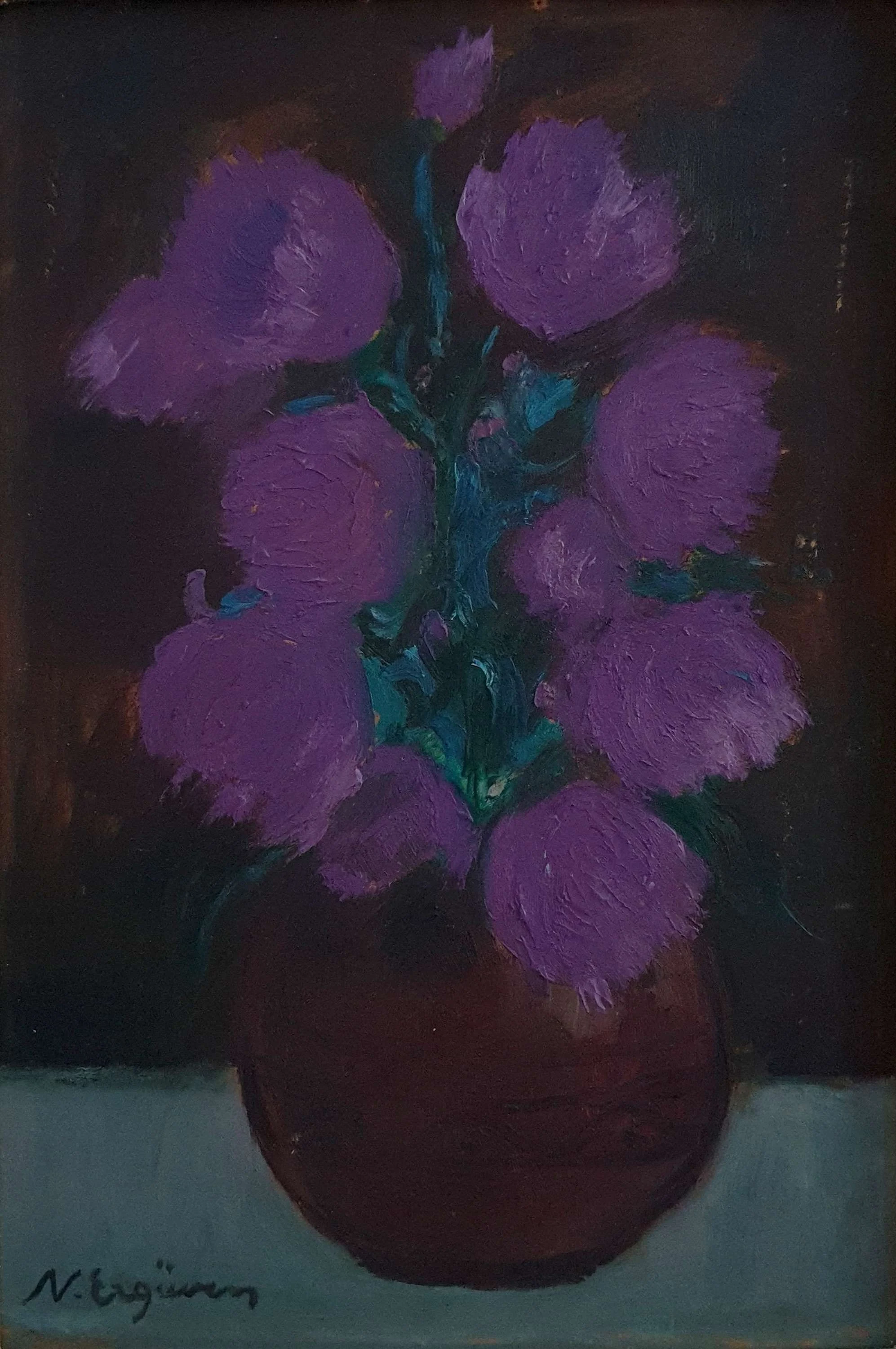 "İsimsiz" eseri NURETTİN ERGÜVEN tarafından 33x22 cm ölçülerinde Duralit üzeri yağlı boya tekniği ile yapılmıştır.