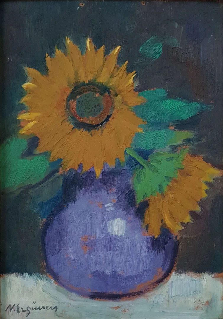 "İsimsiz" eseri NURETTİN ERGÜVEN tarafından 27x19 cm ölçülerinde Duralit üzeri yağlı boya tekniği ile yapılmıştır.