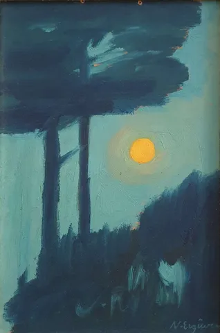 "İsimsiz" eseri NURETTİN ERGÜVEN tarafından 27x18 cm ölçülerinde Duralit üzeri yağlı boya tekniği ile yapılmıştır.