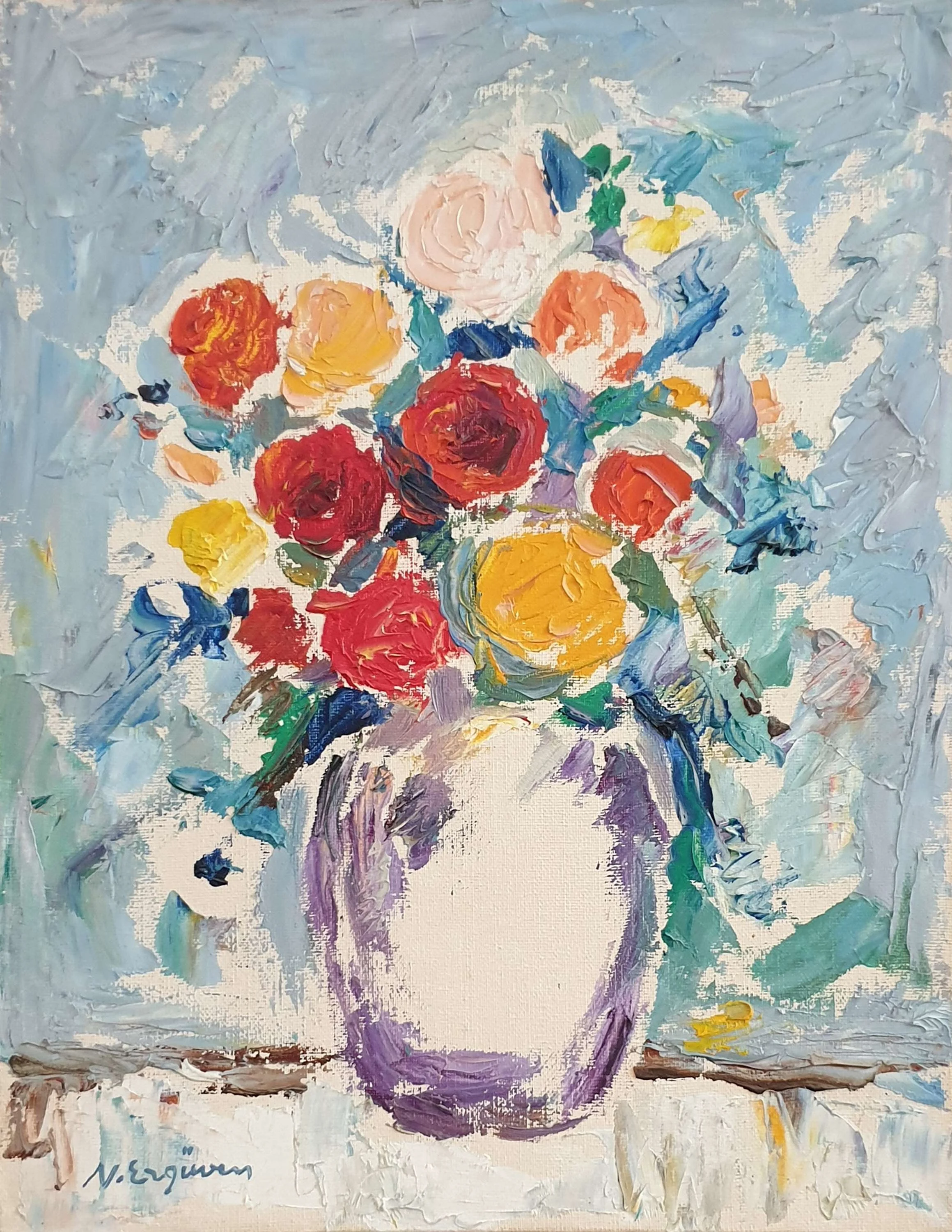 "İsimsiz" eseri NURETTİN ERGÜVEN tarafından 36,5x28,5 cm ölçülerinde Tuval üzeri yağlı boya tekniği ile yapılmıştır.