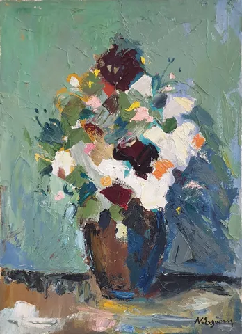 "İsimsiz" eseri NURETTİN ERGÜVEN tarafından 45,5x33,5 cm ölçülerinde Tuval üzeri yağlı boya tekniği ile yapılmıştır.