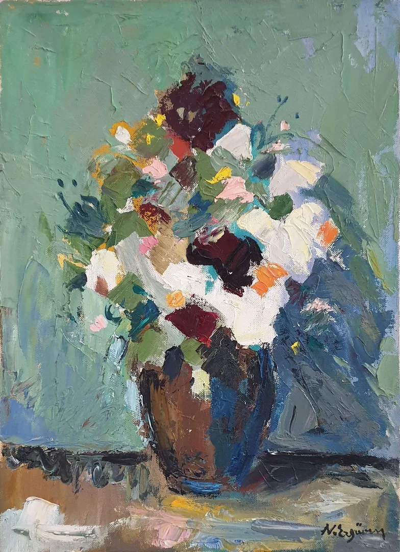 "İsimsiz" eseri NURETTİN ERGÜVEN tarafından 45,5x33,5 cm ölçülerinde Tuval üzeri yağlı boya tekniği ile yapılmıştır.