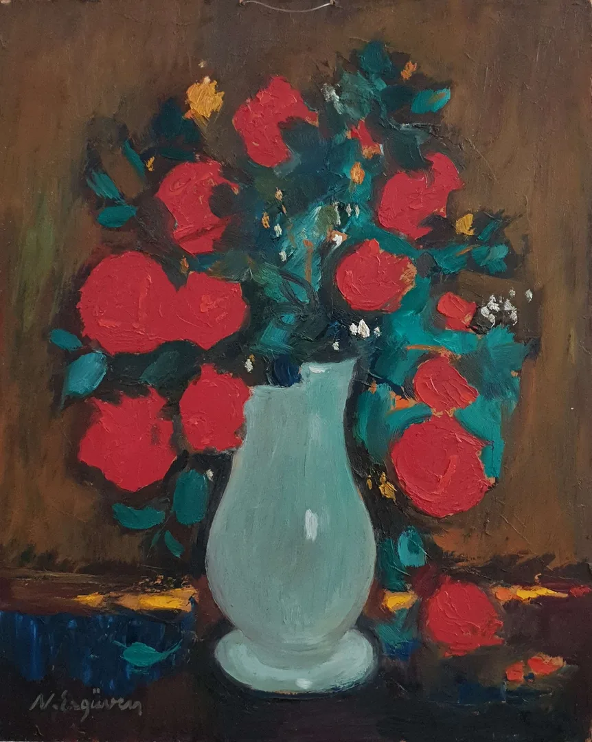 yakınlaştır "İsimsiz" eseri NURETTİN ERGÜVEN tarafından 41x33 cm ölçülerinde Duralit üzeri yağlı boya tekniği ile yapılmıştır.