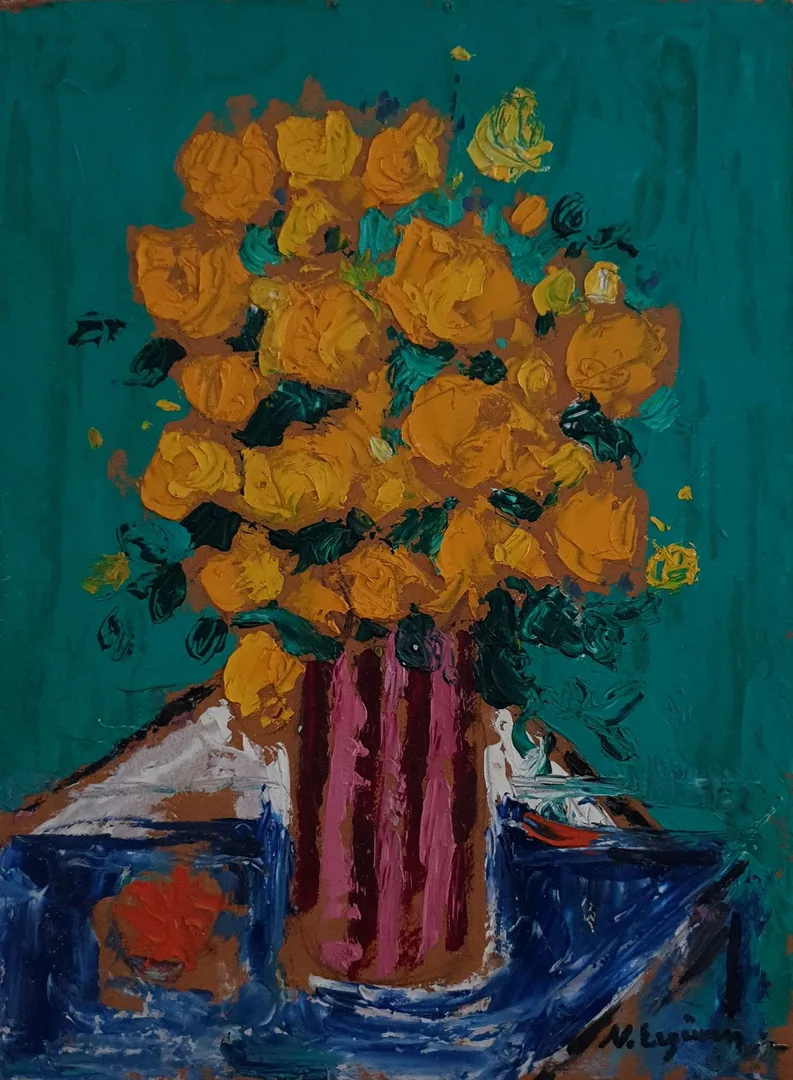 "İsimsiz" eseri NURETTİN ERGÜVEN tarafından 45x33,5 cm ölçülerinde Duralit üzeri yağlı boya tekniği ile yapılmıştır.