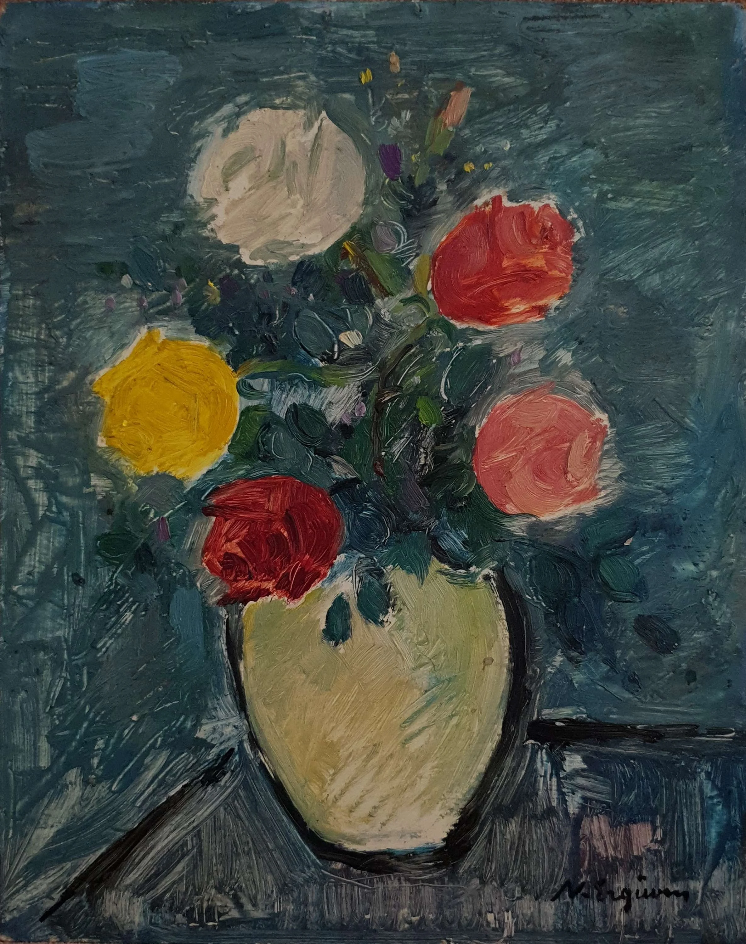 "İsimsiz" eseri NURETTİN ERGÜVEN tarafından 41x33 cm ölçülerinde Duralit üzeri yağlı boya tekniği ile yapılmıştır.