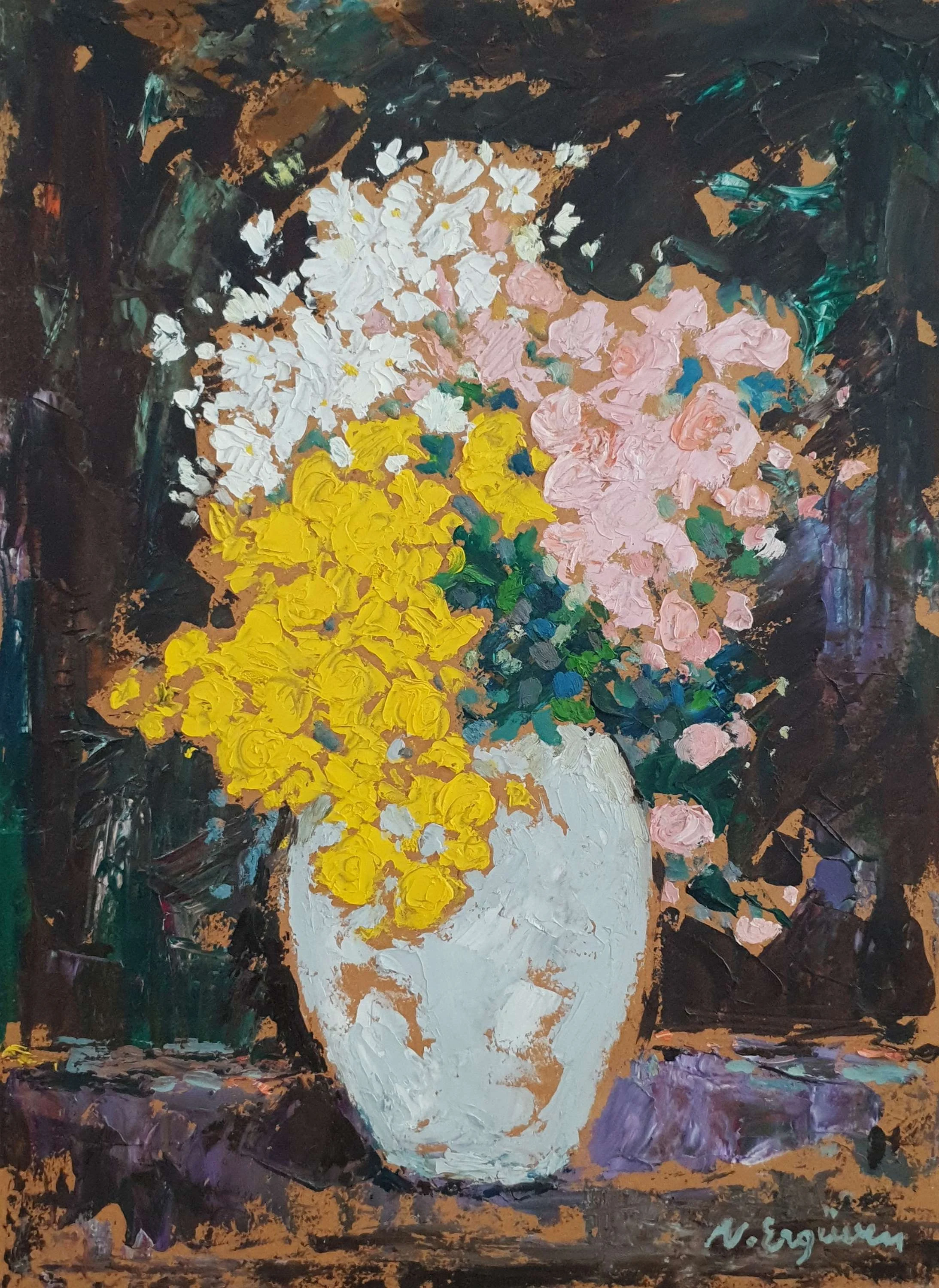 "İsimsiz" eseri NURETTİN ERGÜVEN tarafından 45x33 cm ölçülerinde Duralit üzeri yağlı boya tekniği ile yapılmıştır.
