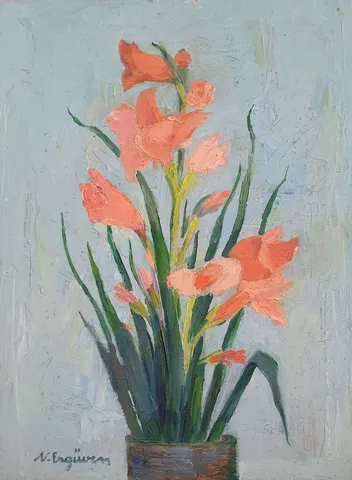 NURETTİN ERGÜVEN — “İsimsiz” "İsimsiz" eseri NURETTİN ERGÜVEN tarafından 45x33 cm ölçülerinde Duralit üzeri yağlı boya tekniği ile yapılmıştır.