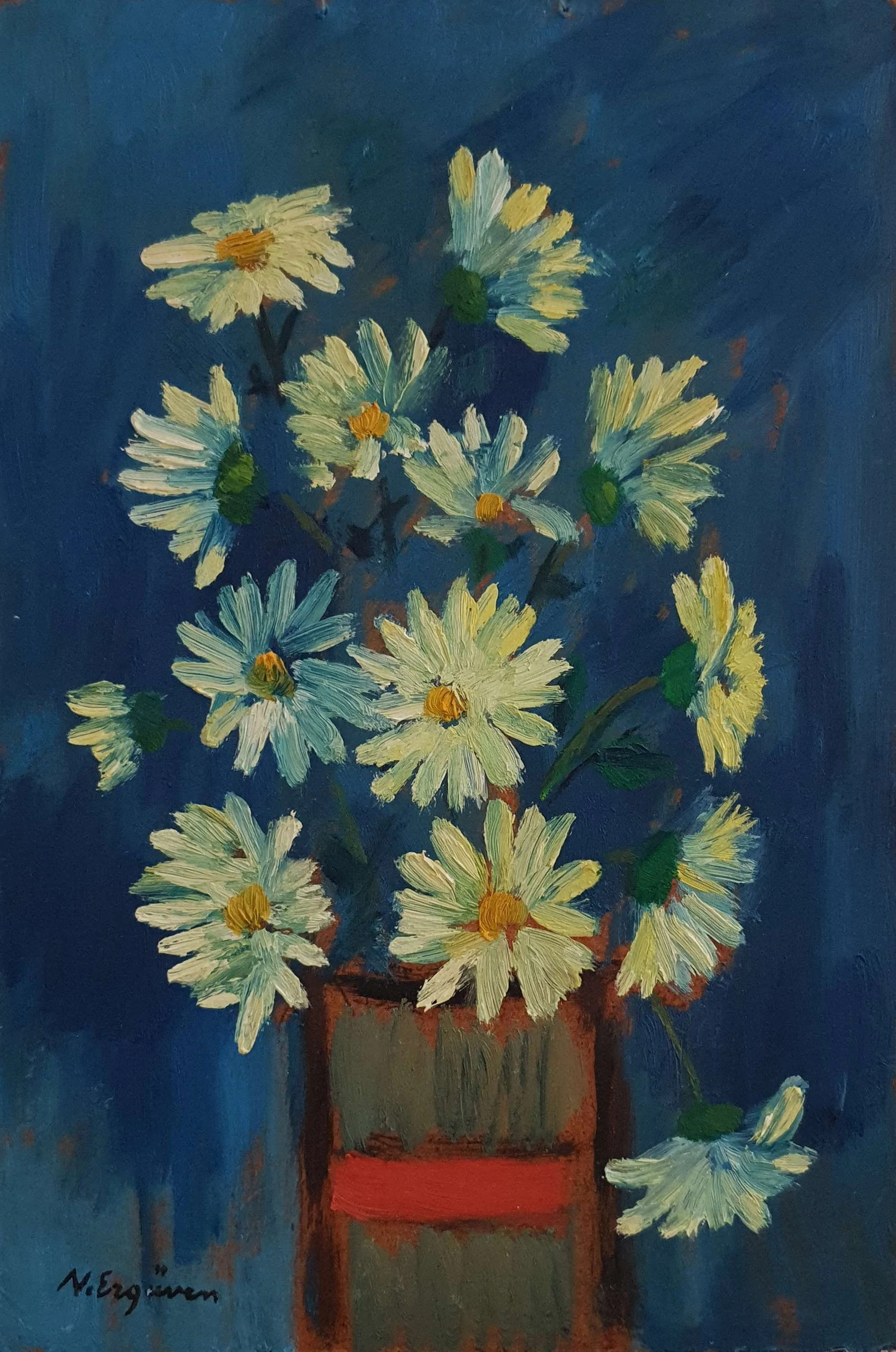"İsimsiz" eseri NURETTİN ERGÜVEN tarafından 33x22 cm ölçülerinde Duralit üzeri yağlı boya tekniği ile yapılmıştır.