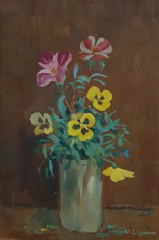 "İsimsiz" eseri NURETTİN ERGÜVEN tarafından 33x22 cm ölçülerinde Duralit üzeri yağlı boya tekniği ile yapılmıştır.
