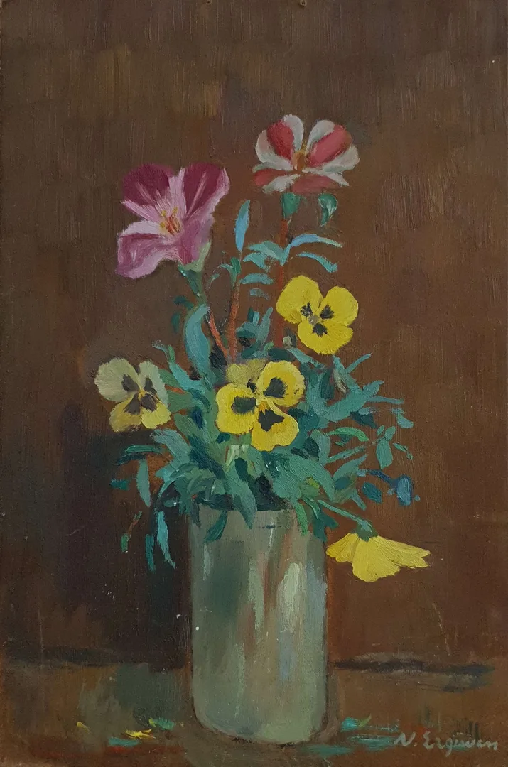 "İsimsiz" eseri NURETTİN ERGÜVEN tarafından 33x22 cm ölçülerinde Duralit üzeri yağlı boya tekniği ile yapılmıştır.