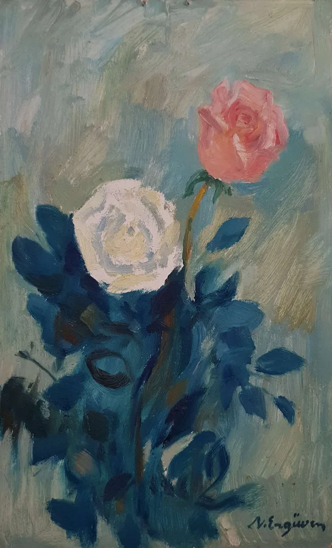 "İsimsiz" eseri NURETTİN ERGÜVEN tarafından 38x23,5 cm ölçülerinde Duralit üzeri yağlı boya tekniği ile yapılmıştır.