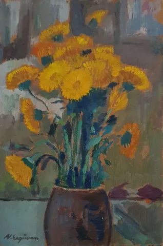 "İsimsiz" eseri NURETTİN ERGÜVEN tarafından 33x22 cm ölçülerinde Duralit üzeri yağlı boya tekniği ile yapılmıştır.