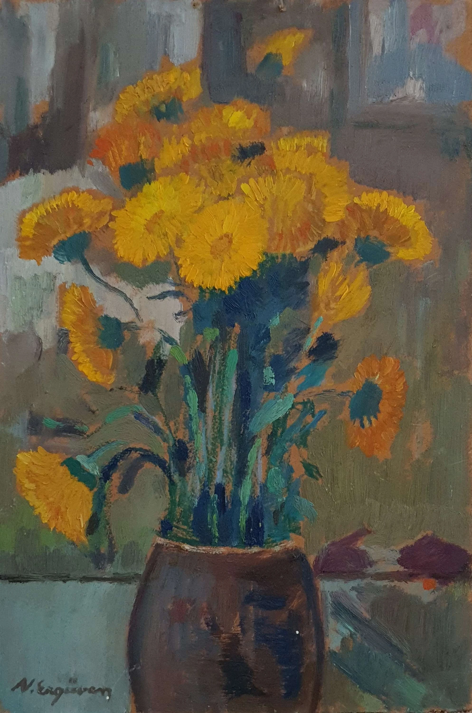 "İsimsiz" eseri NURETTİN ERGÜVEN tarafından 33x22 cm ölçülerinde Duralit üzeri yağlı boya tekniği ile yapılmıştır.