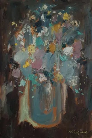 NURETTİN ERGÜVEN — “İsimsiz” "İsimsiz" eseri NURETTİN ERGÜVEN tarafından 33x22 cm ölçülerinde Duralit üzeri yağlı boya tekniği ile yapılmıştır.