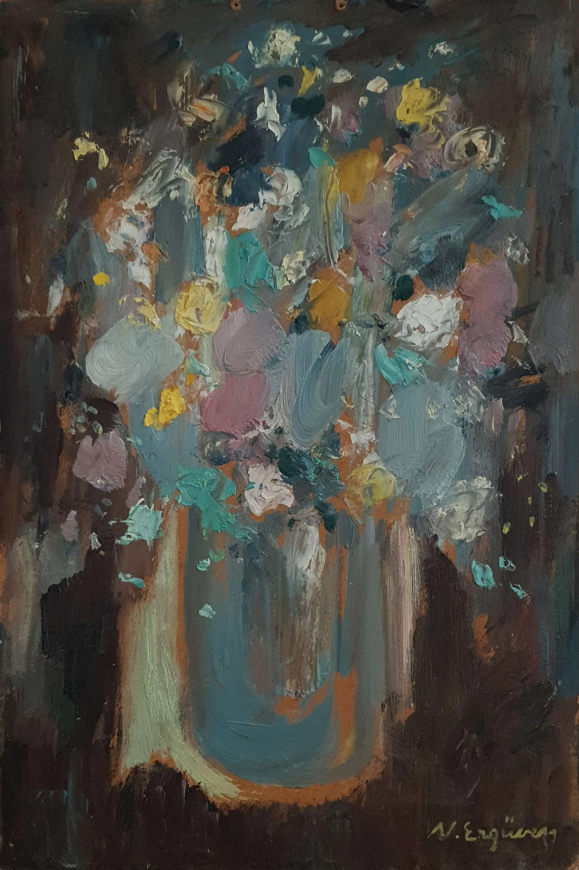 "İsimsiz" eseri NURETTİN ERGÜVEN tarafından 33x22 cm ölçülerinde Duralit üzeri yağlı boya tekniği ile yapılmıştır.