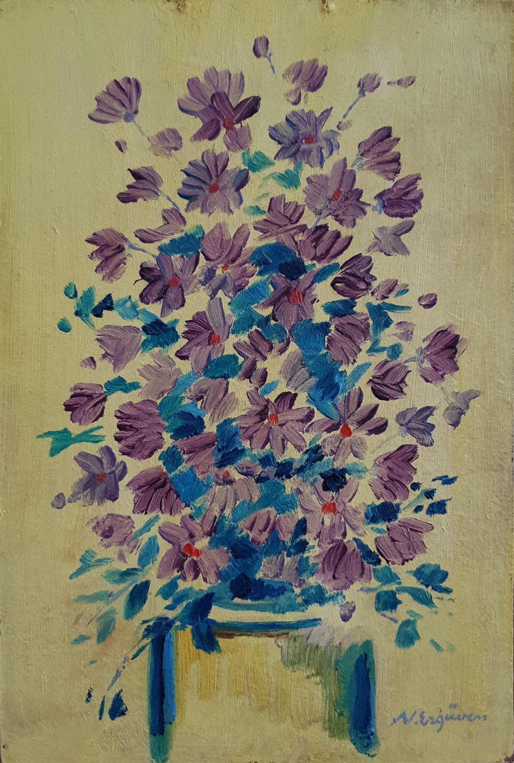 "İsimsiz" eseri NURETTİN ERGÜVEN tarafından 33x22 cm ölçülerinde Duralit üzeri yağlı boya tekniği ile yapılmıştır.