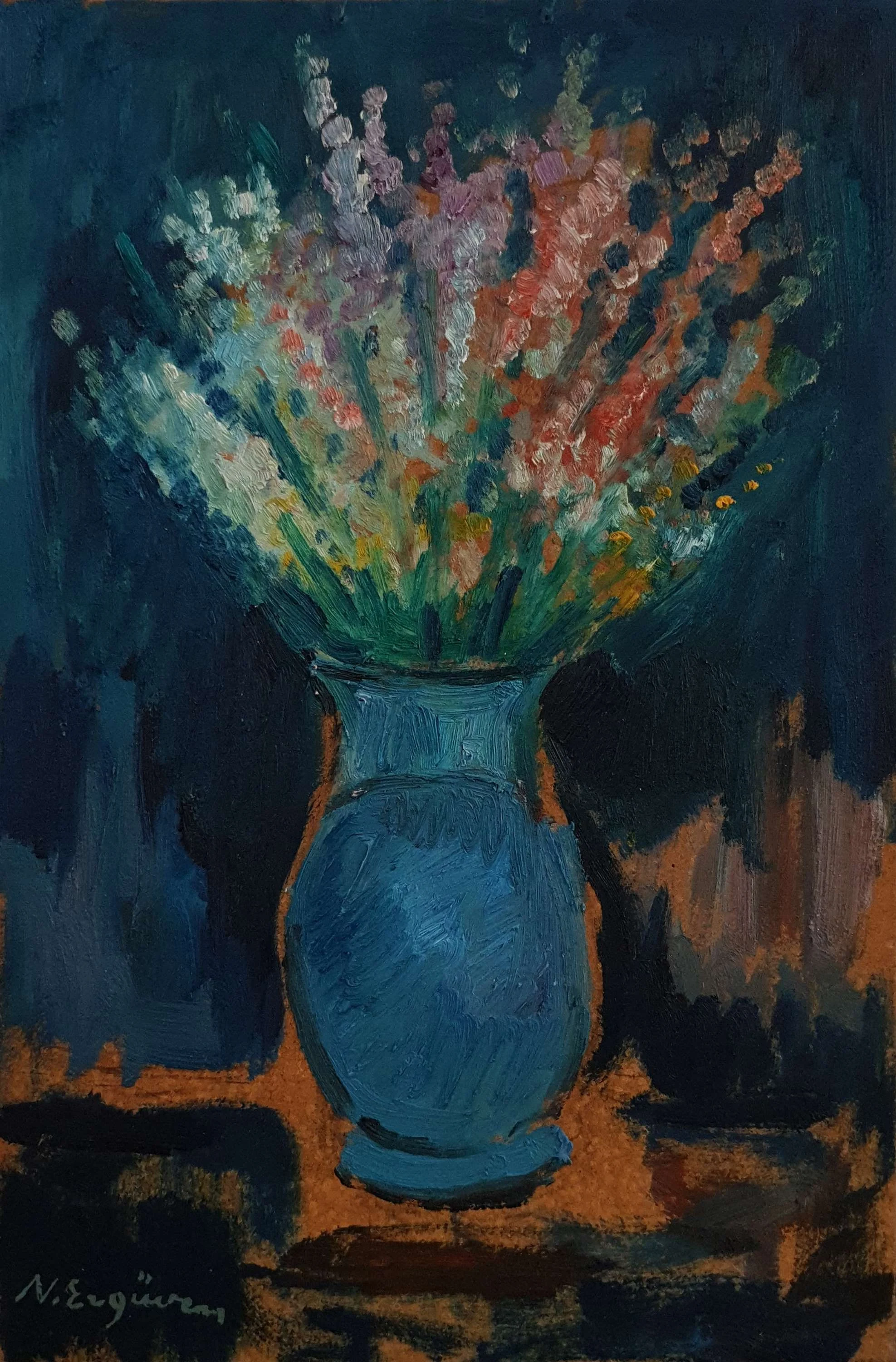 "İsimsiz" eseri NURETTİN ERGÜVEN tarafından 33x22 cm ölçülerinde Duralit üzeri yağlı boya tekniği ile yapılmıştır.