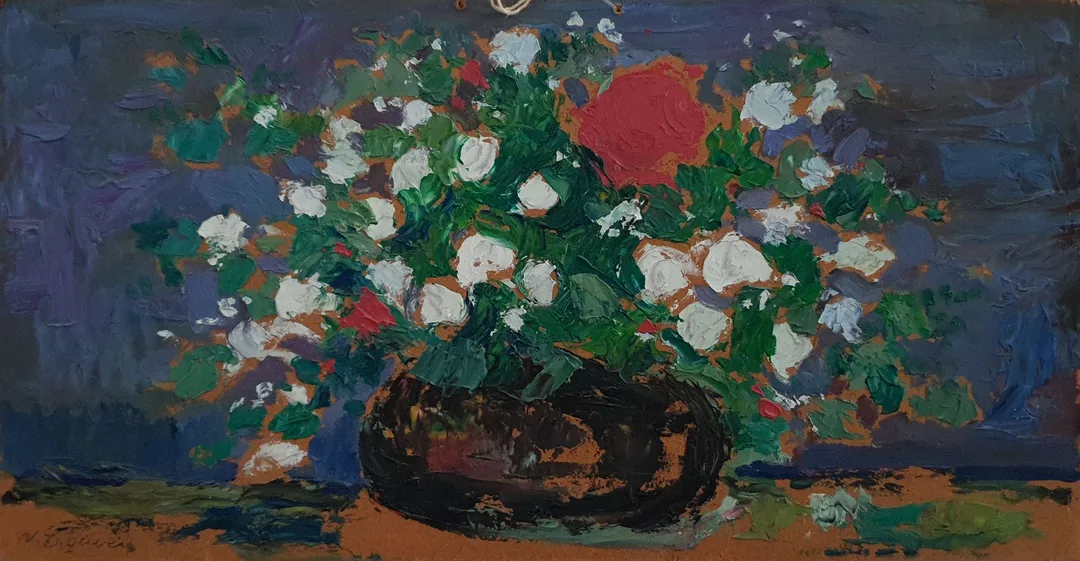 "İsimsiz" eseri NURETTİN ERGÜVEN tarafından 17,5x33 cm ölçülerinde Duralit üzeri yağlı boya tekniği ile yapılmıştır.