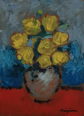 NURETTİN ERGÜVEN — “İsimsiz” "İsimsiz" eseri NURETTİN ERGÜVEN tarafından 26,5x19 cm ölçülerinde Duralit üzeri yağlı boya tekniği ile yapılmıştır.