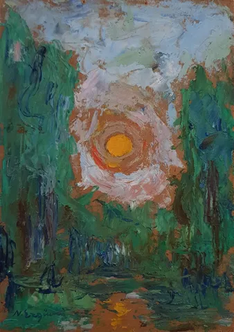 "İsimsiz" eseri NURETTİN ERGÜVEN tarafından 27x19 cm ölçülerinde Duralit üzeri yağlı boya tekniği ile yapılmıştır.
