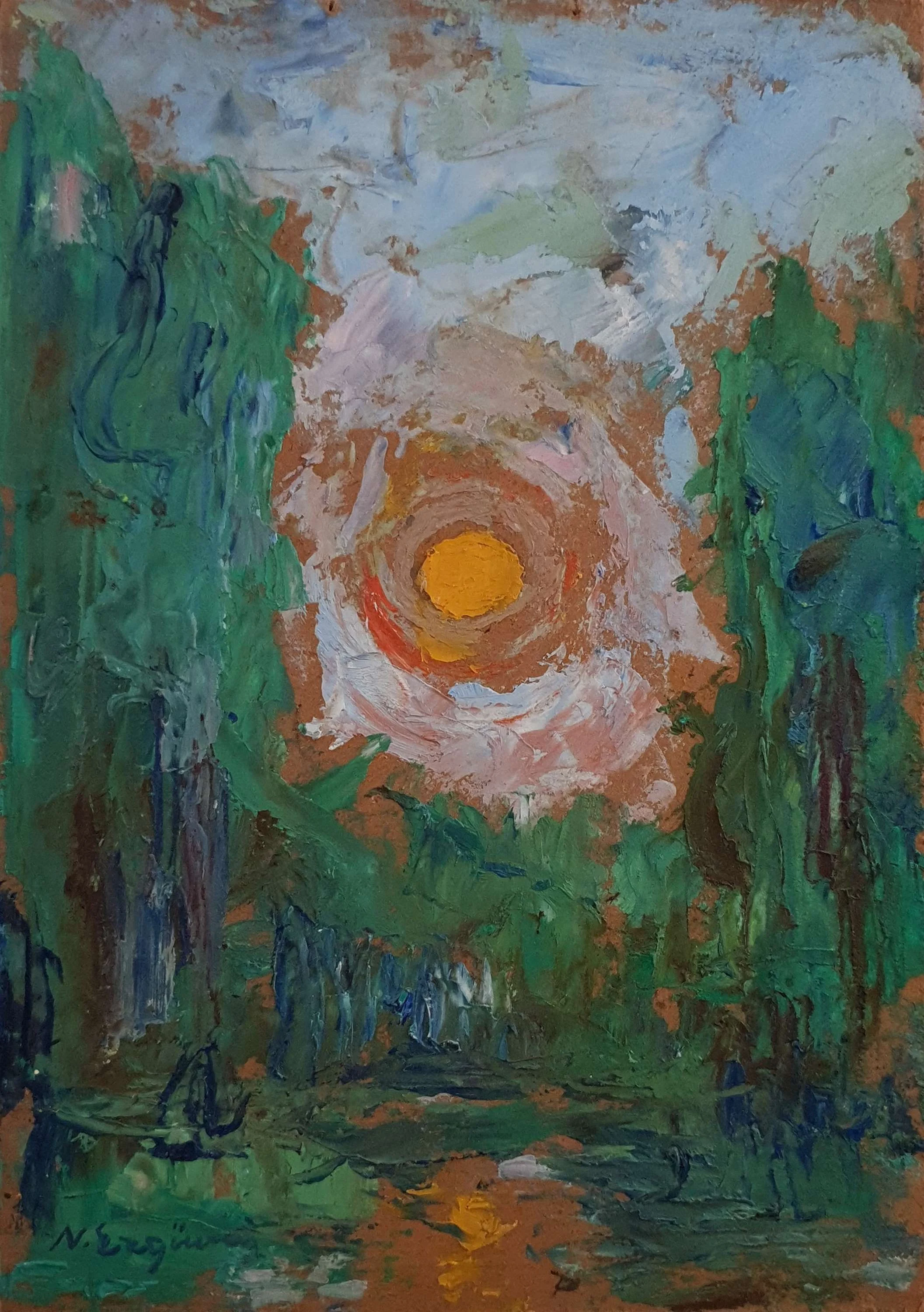 "İsimsiz" eseri NURETTİN ERGÜVEN tarafından 27x19 cm ölçülerinde Duralit üzeri yağlı boya tekniği ile yapılmıştır.