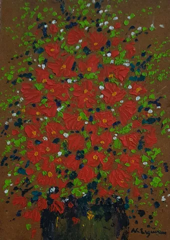 NURETTİN ERGÜVEN — “İsimsiz” "İsimsiz" eseri NURETTİN ERGÜVEN tarafından 27x19 cm ölçülerinde Duralit üzeri yağlı boya tekniği ile yapılmıştır.